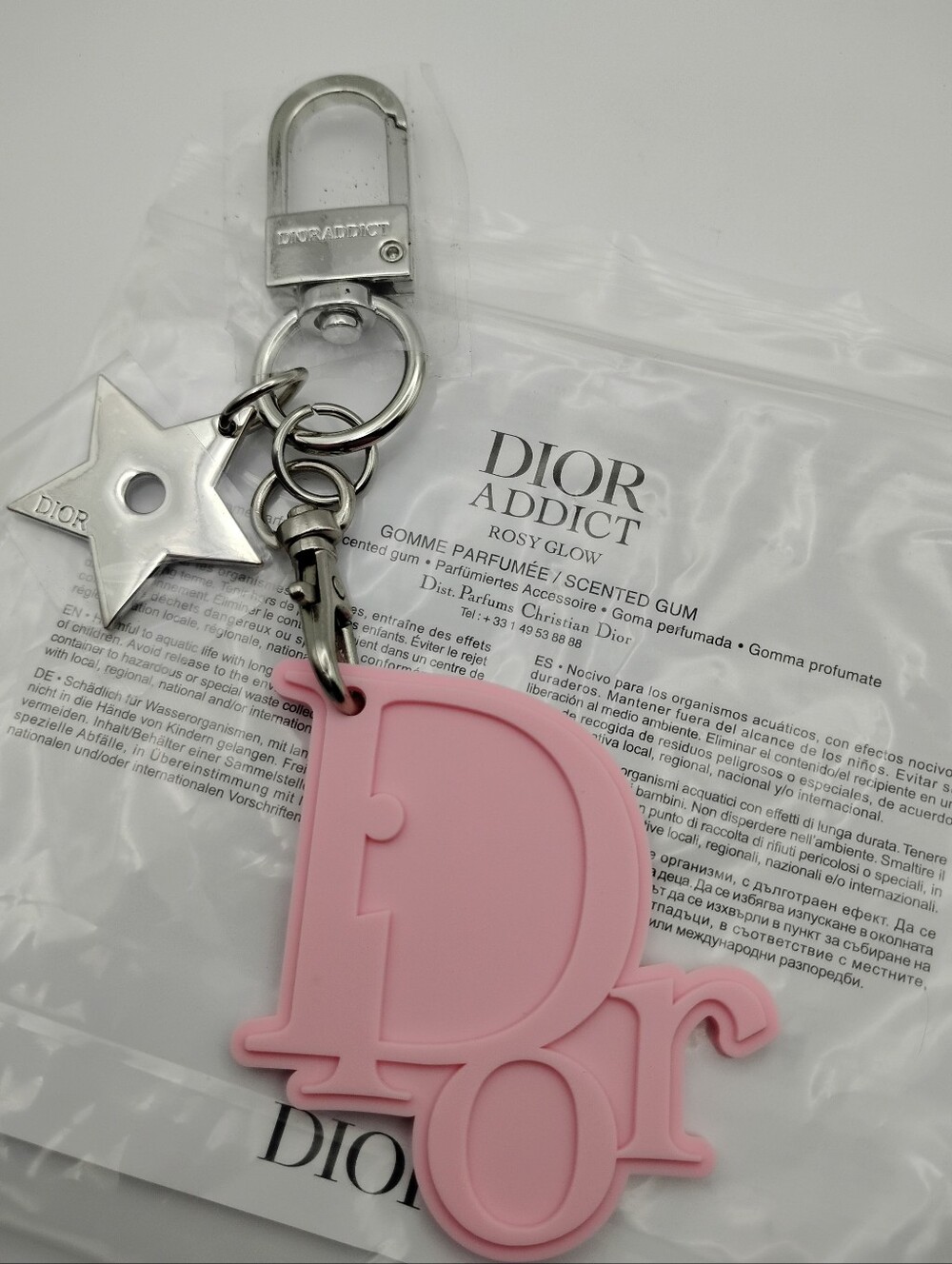 Dior Pink Logo Silicone Rosy Glow Addict Keyring with Silver Star Charm